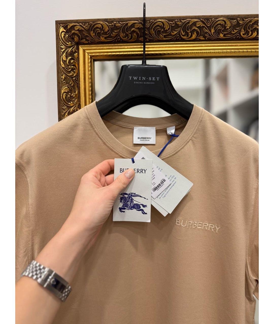 BURBERRY Бежевая хлопковая футболка, фото 3