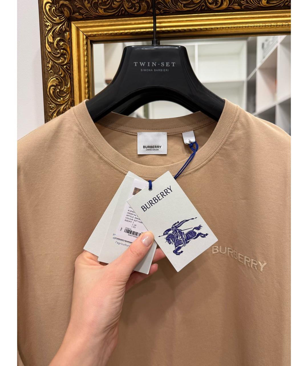 BURBERRY Бежевая хлопковая футболка, фото 4