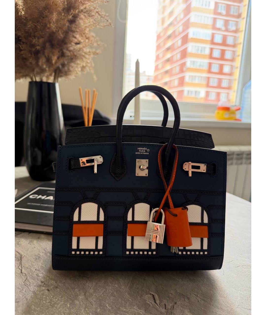 HERMES Темно-синяя кожаная сумка с короткими ручками, фото 10