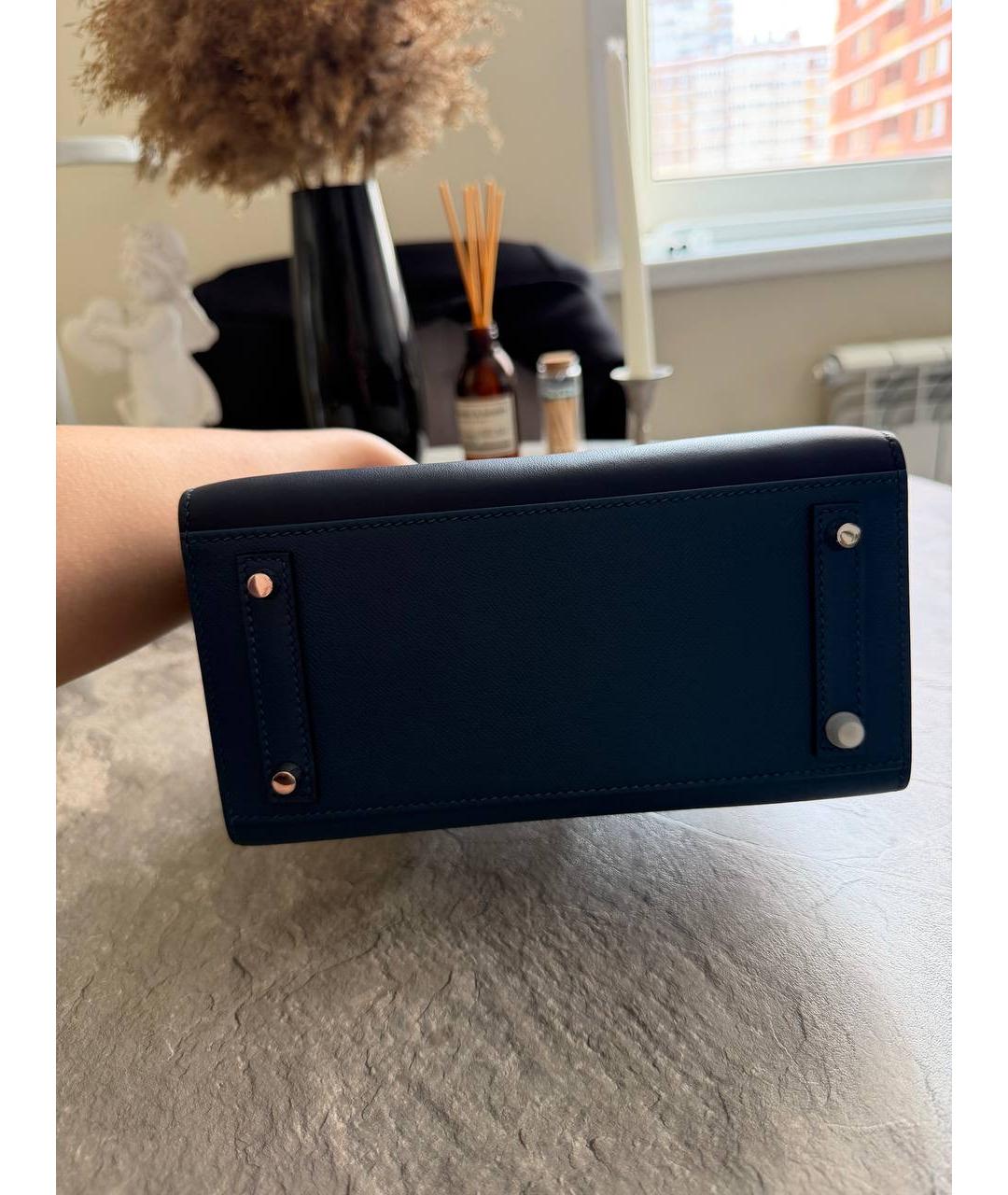 HERMES Темно-синяя кожаная сумка с короткими ручками, фото 9