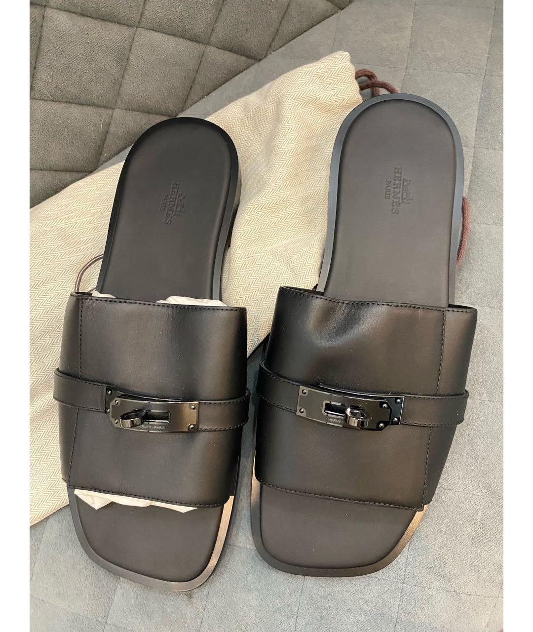 HERMES Черные кожаные шлепанцы, фото 3