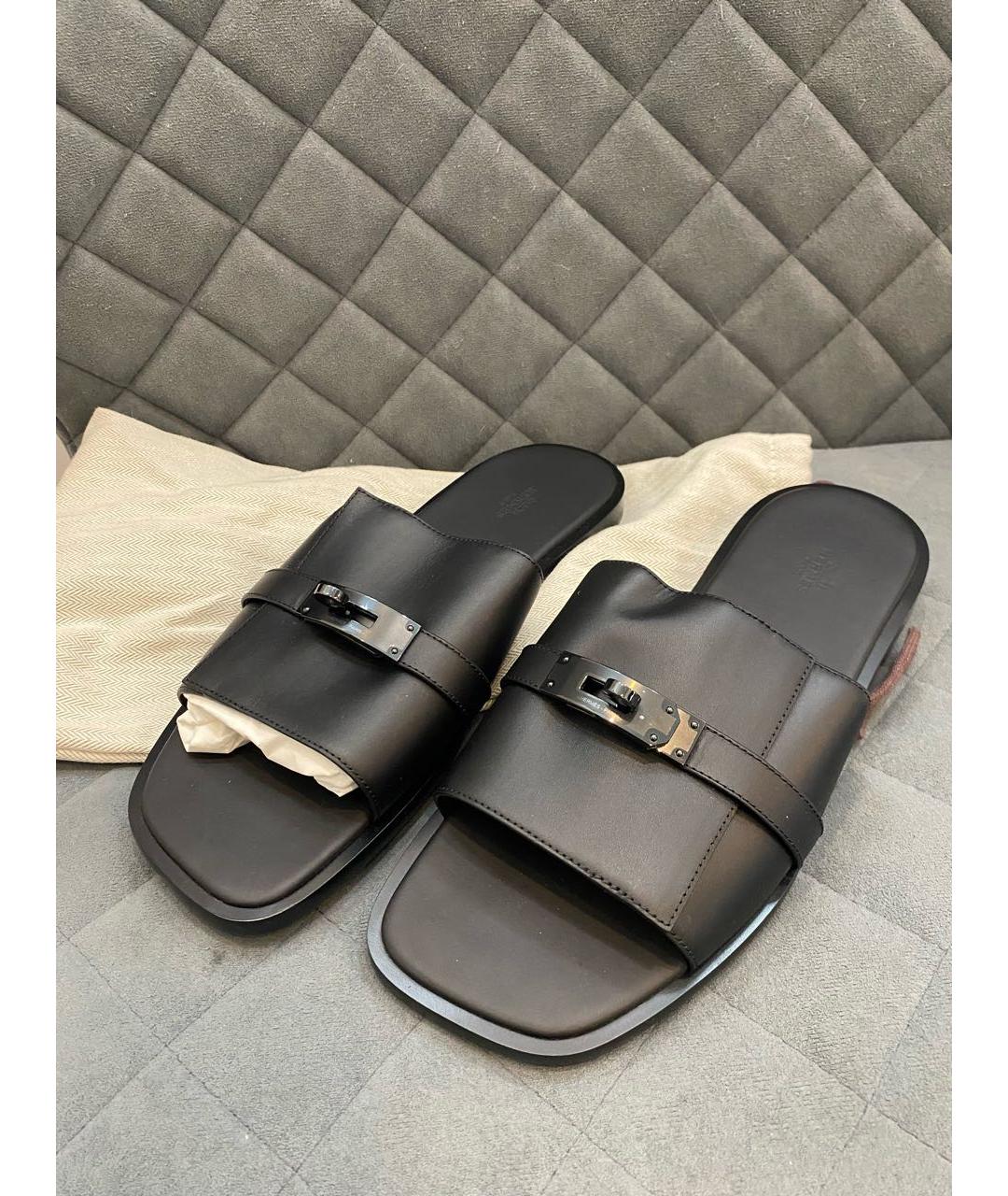 HERMES Черные кожаные шлепанцы, фото 2