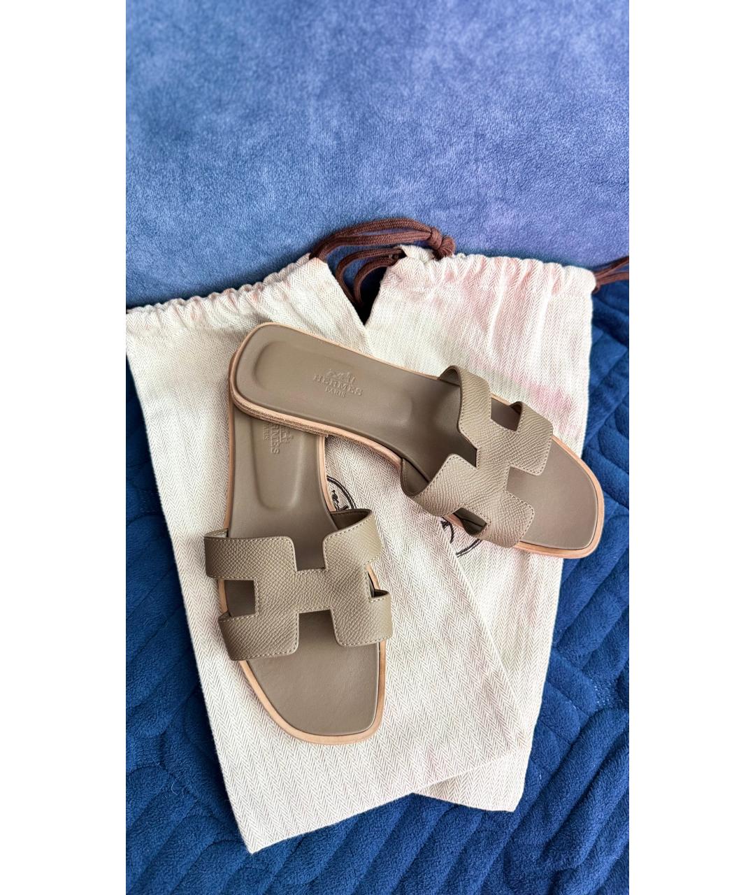 HERMES Бежевые кожаные шлепанцы, фото 7