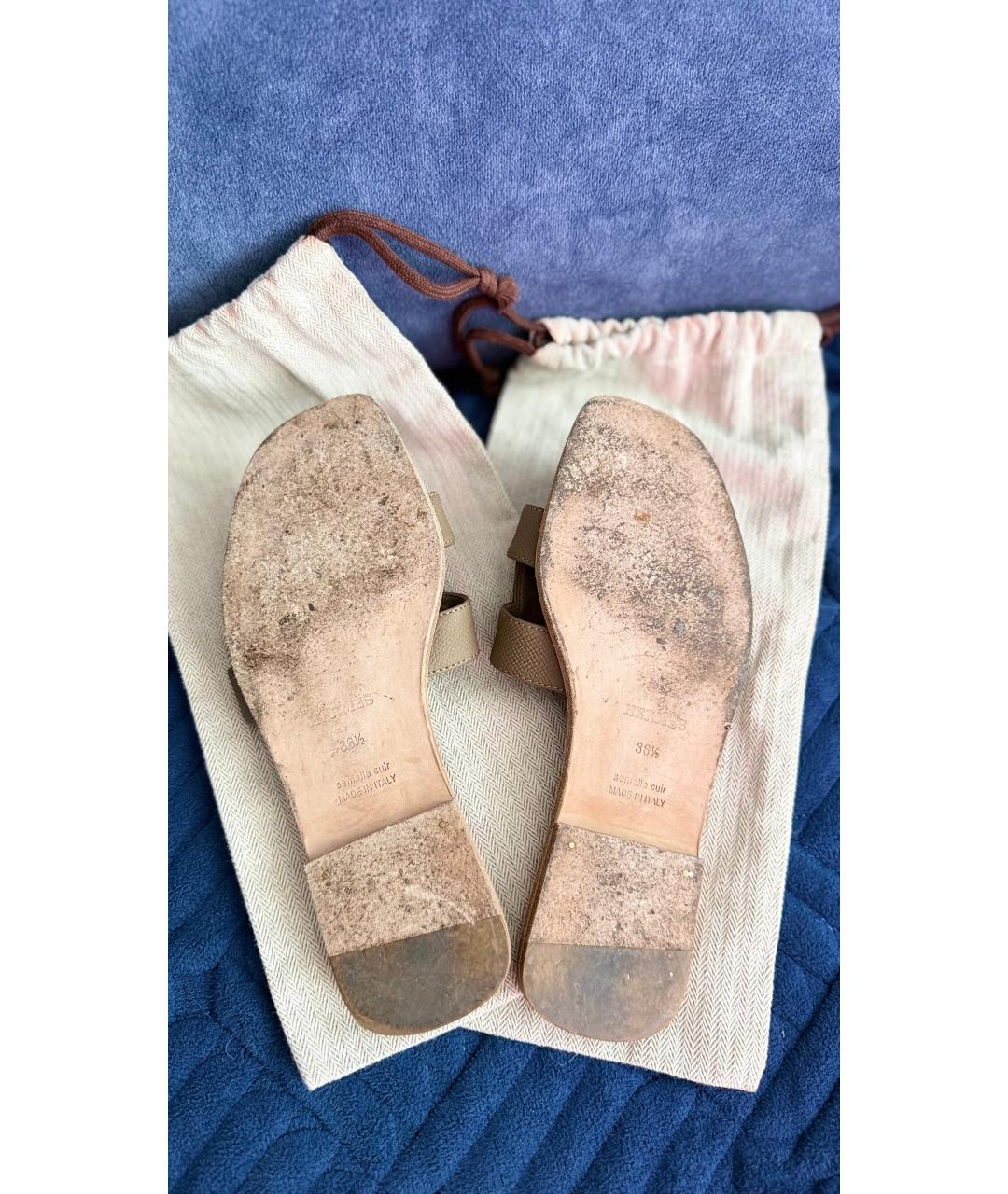 HERMES Бежевые кожаные шлепанцы, фото 4