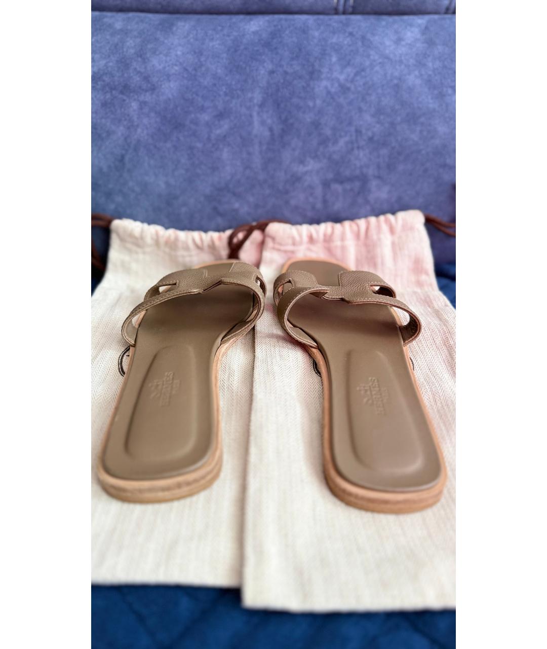 HERMES Бежевые кожаные шлепанцы, фото 2