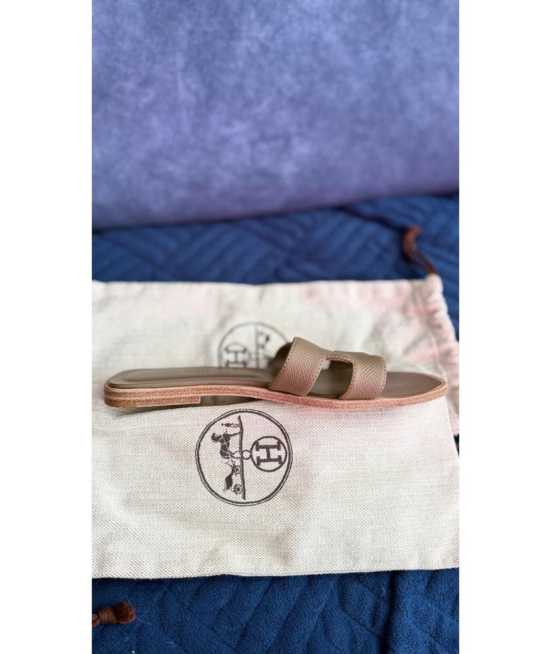 HERMES Бежевые кожаные шлепанцы, фото 8