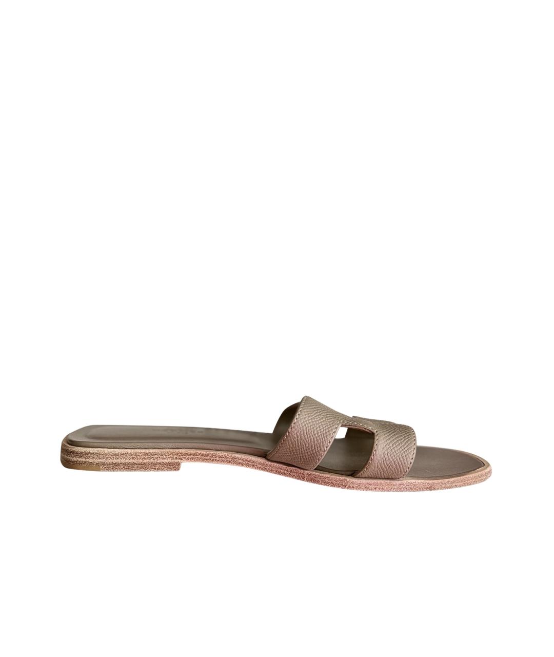 HERMES Бежевые кожаные шлепанцы, фото 1