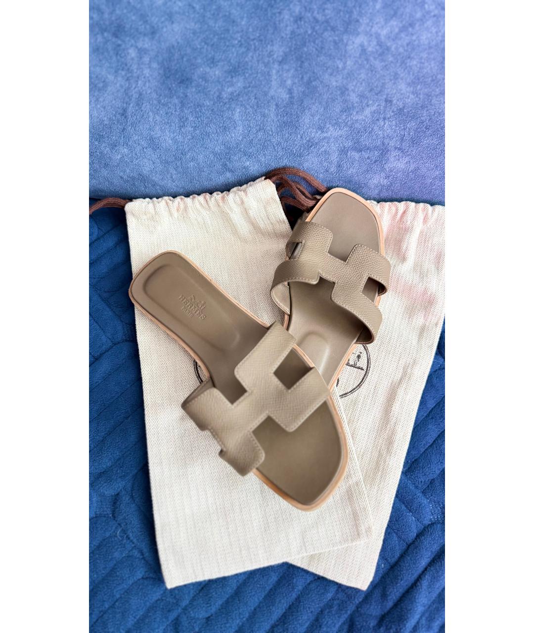 HERMES Бежевые кожаные шлепанцы, фото 5