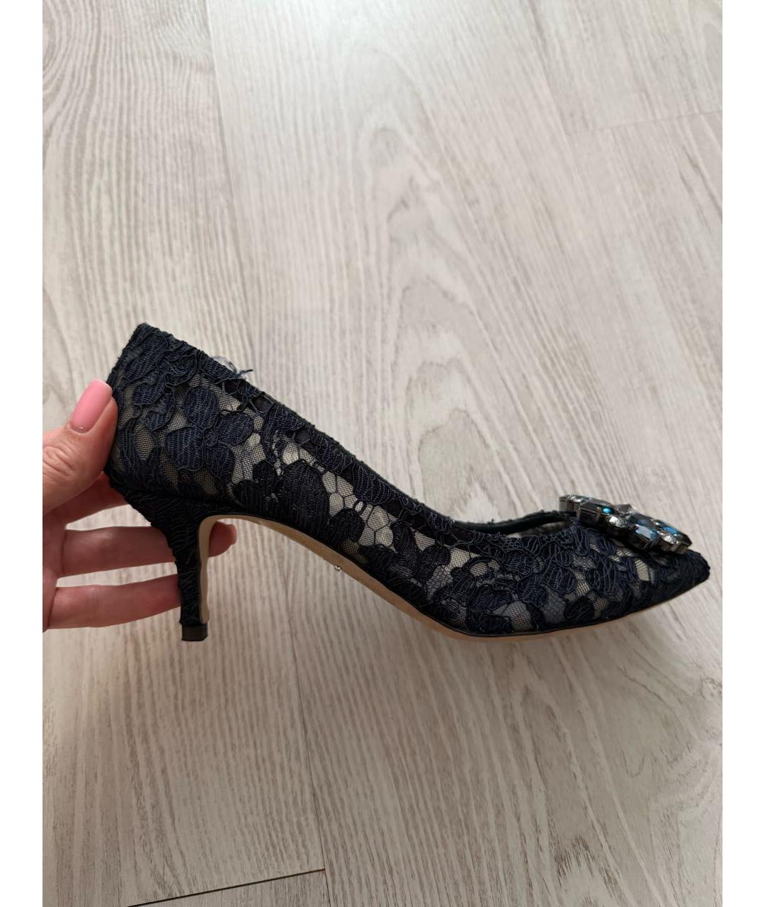 DOLCE&GABBANA Темно-синие текстильные лодочки на низком каблуке, фото 7