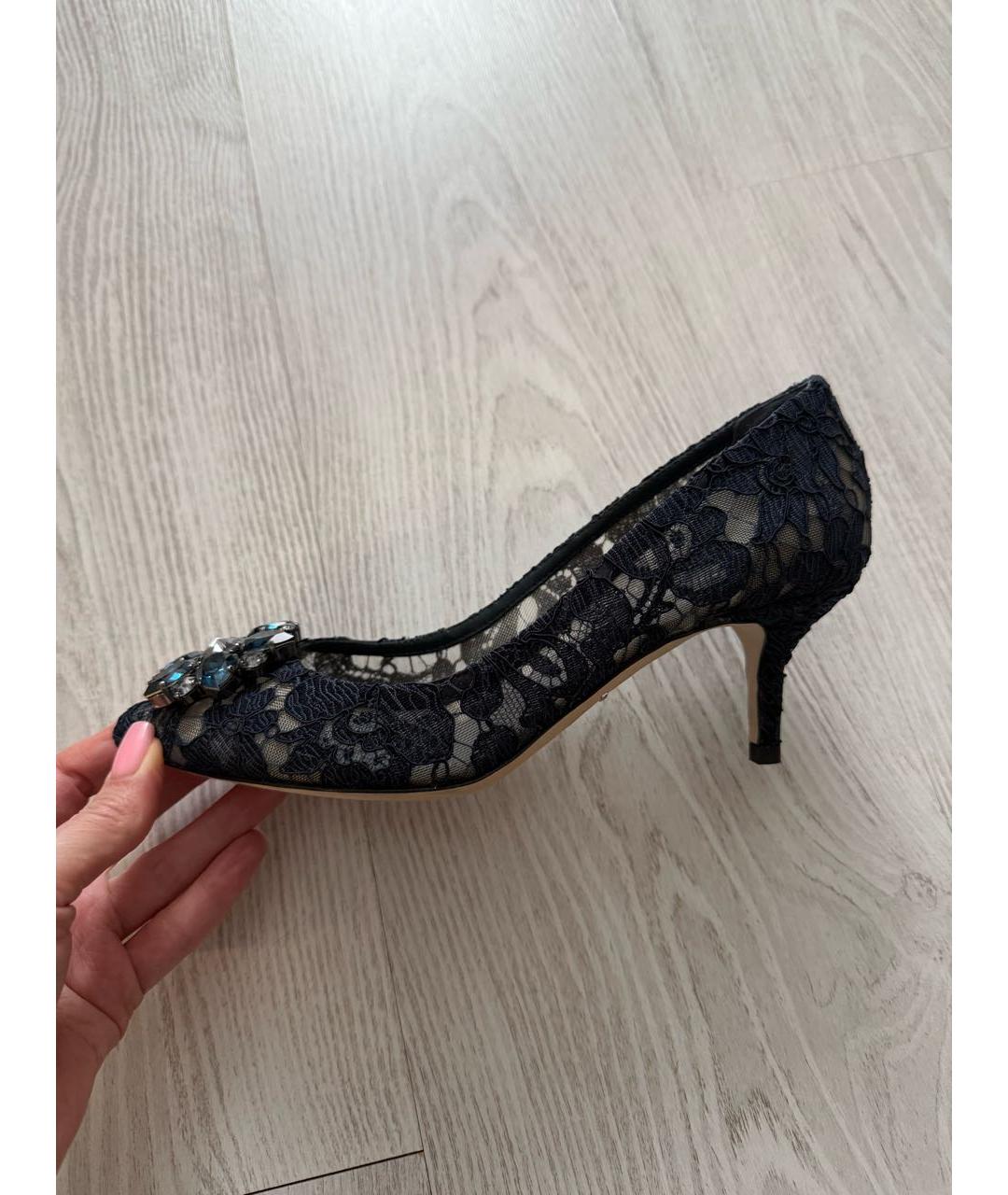 DOLCE&GABBANA Темно-синие текстильные лодочки на низком каблуке, фото 6