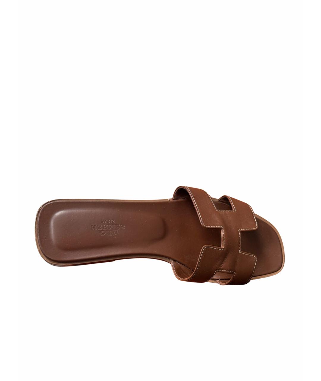 HERMES Коричневые кожаные шлепанцы, фото 1