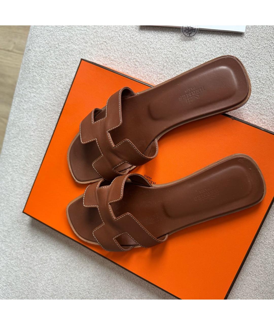 HERMES Коричневые кожаные шлепанцы, фото 7