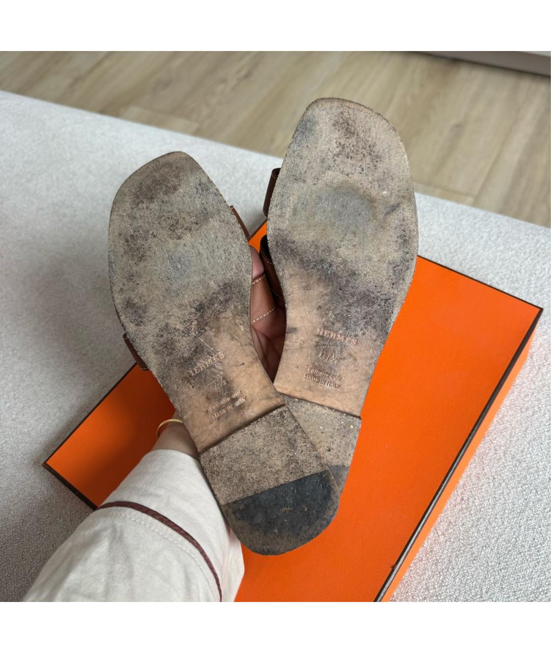 HERMES Коричневые кожаные шлепанцы, фото 4