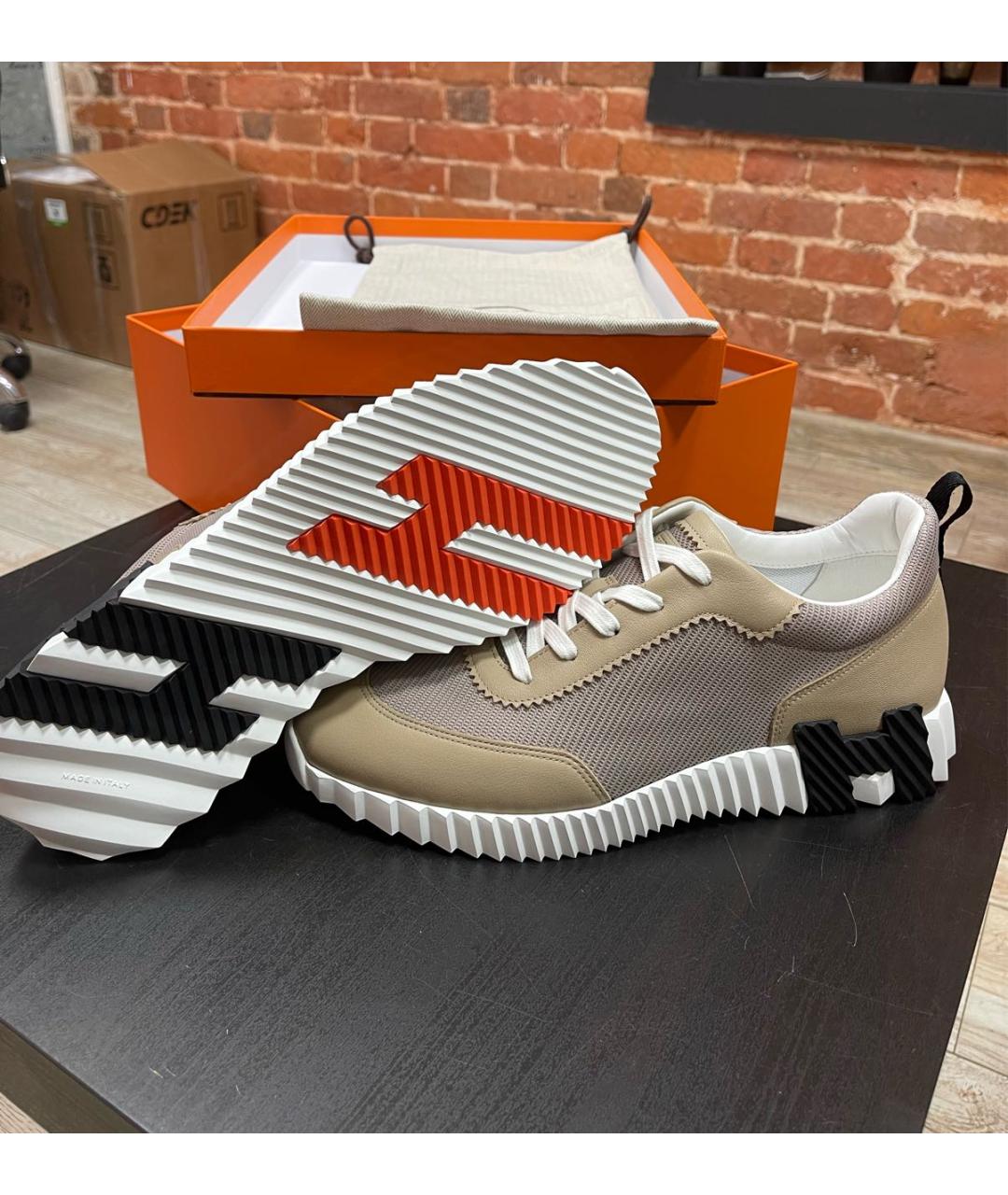 HERMES Бежевые текстильные низкие кроссовки / кеды, фото 3