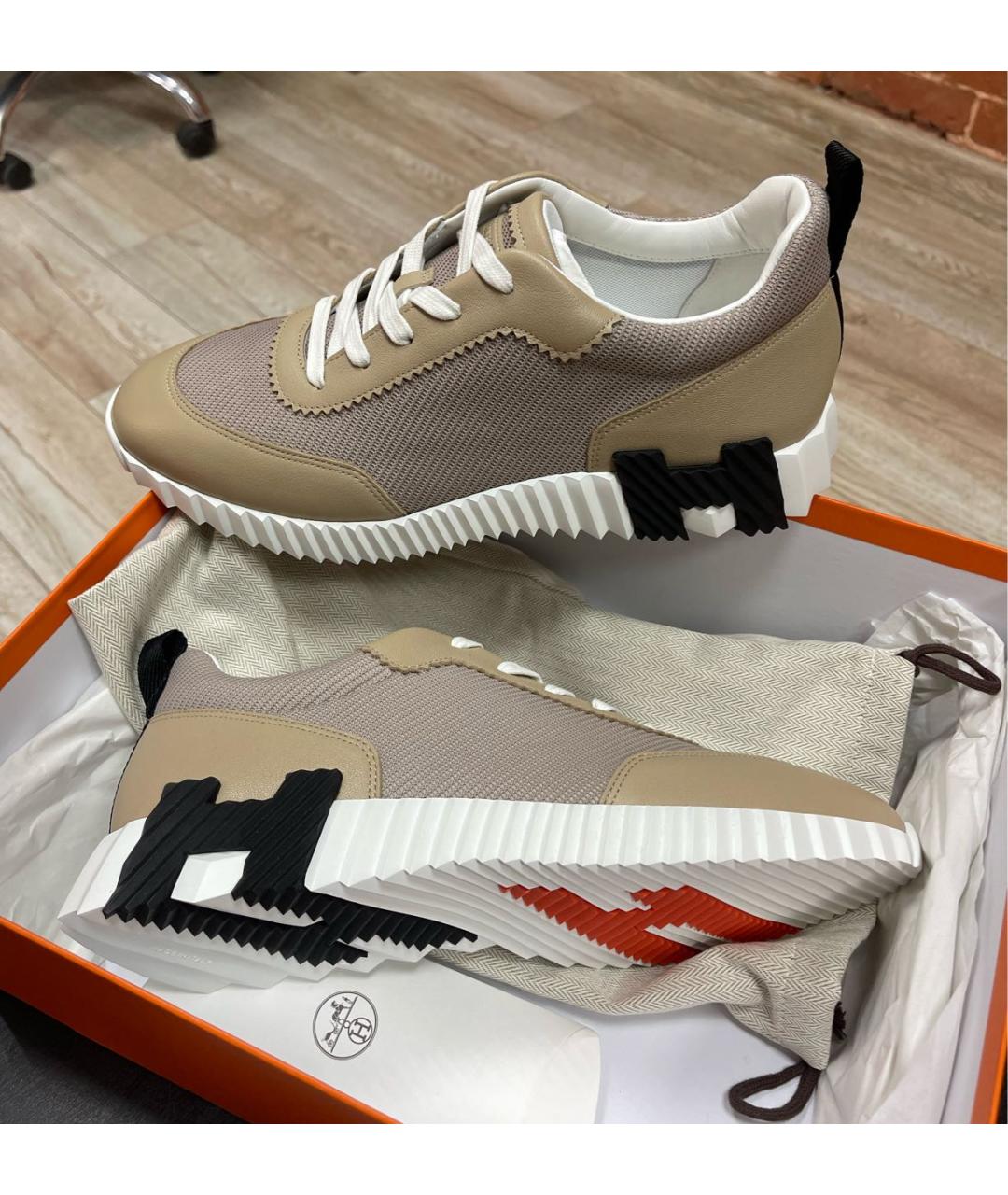 HERMES Бежевые текстильные низкие кроссовки / кеды, фото 6