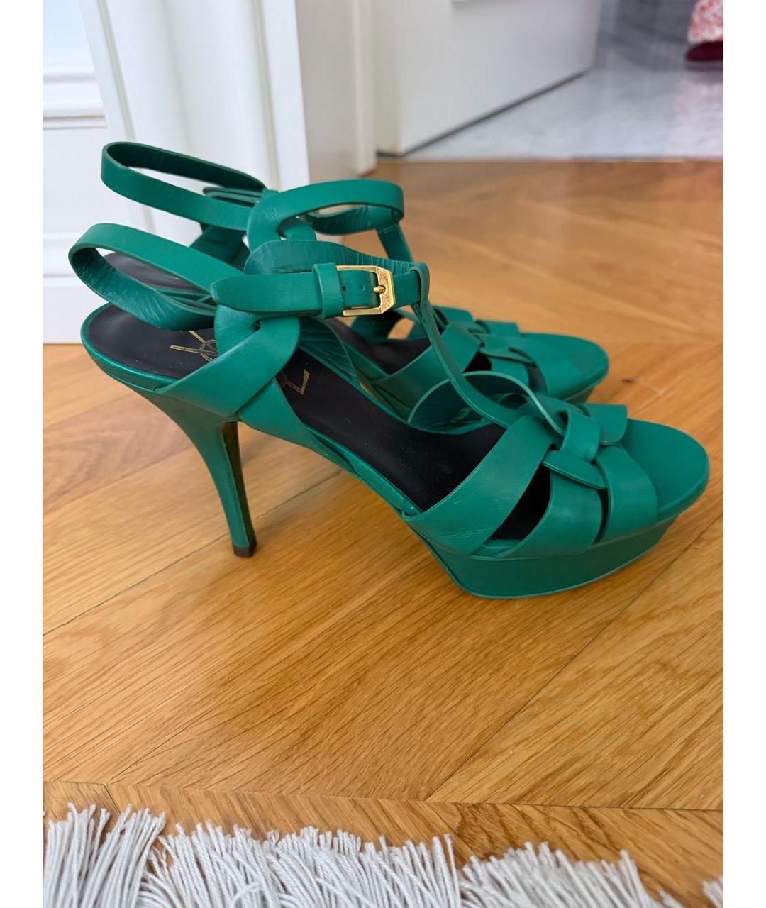 SAINT LAURENT Зеленые кожаные босоножки, фото 4