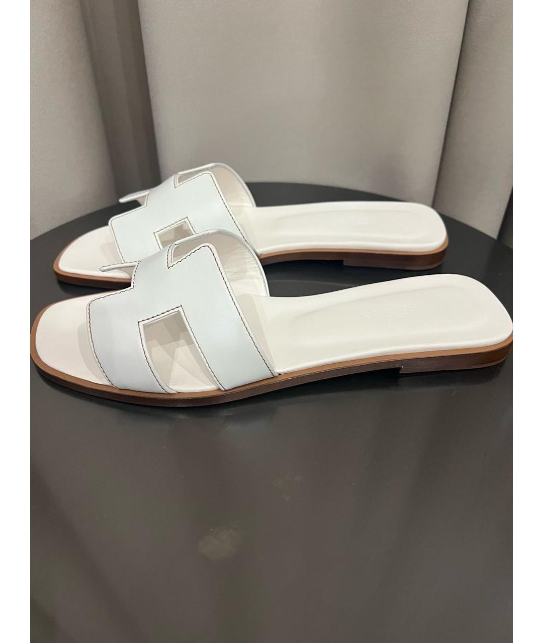 HERMES Белые кожаные шлепанцы, фото 5