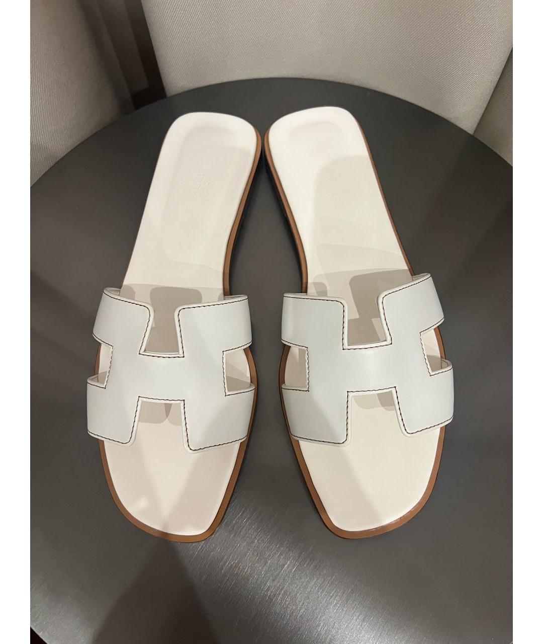 HERMES Белые кожаные шлепанцы, фото 2