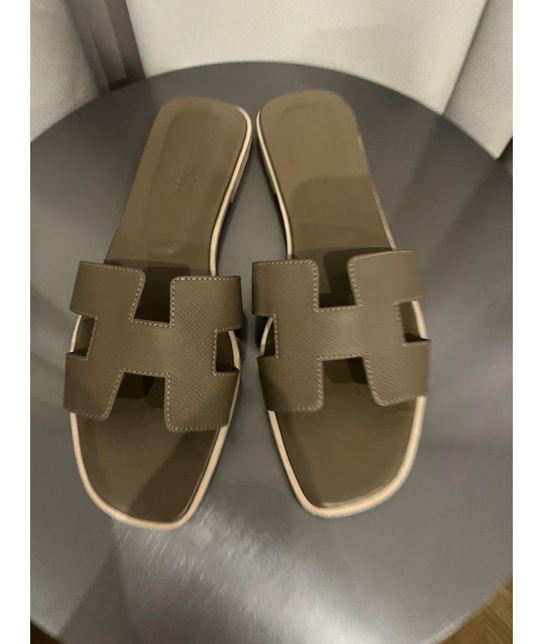 HERMES Коричневые кожаные шлепанцы, фото 2