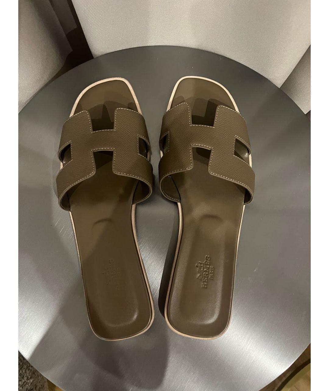 HERMES Коричневые кожаные шлепанцы, фото 3