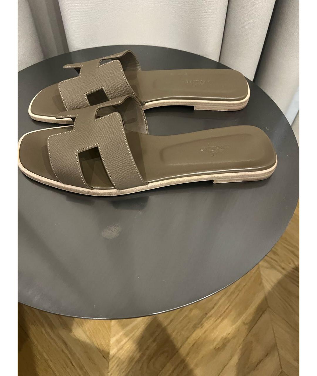 HERMES Коричневые кожаные шлепанцы, фото 5