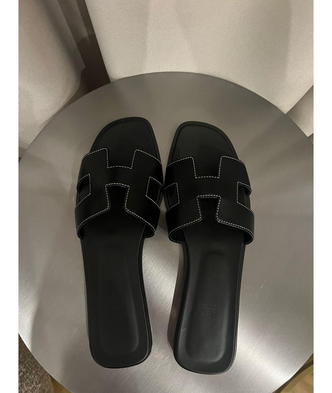 HERMES Черные кожаные шлепанцы, фото 3