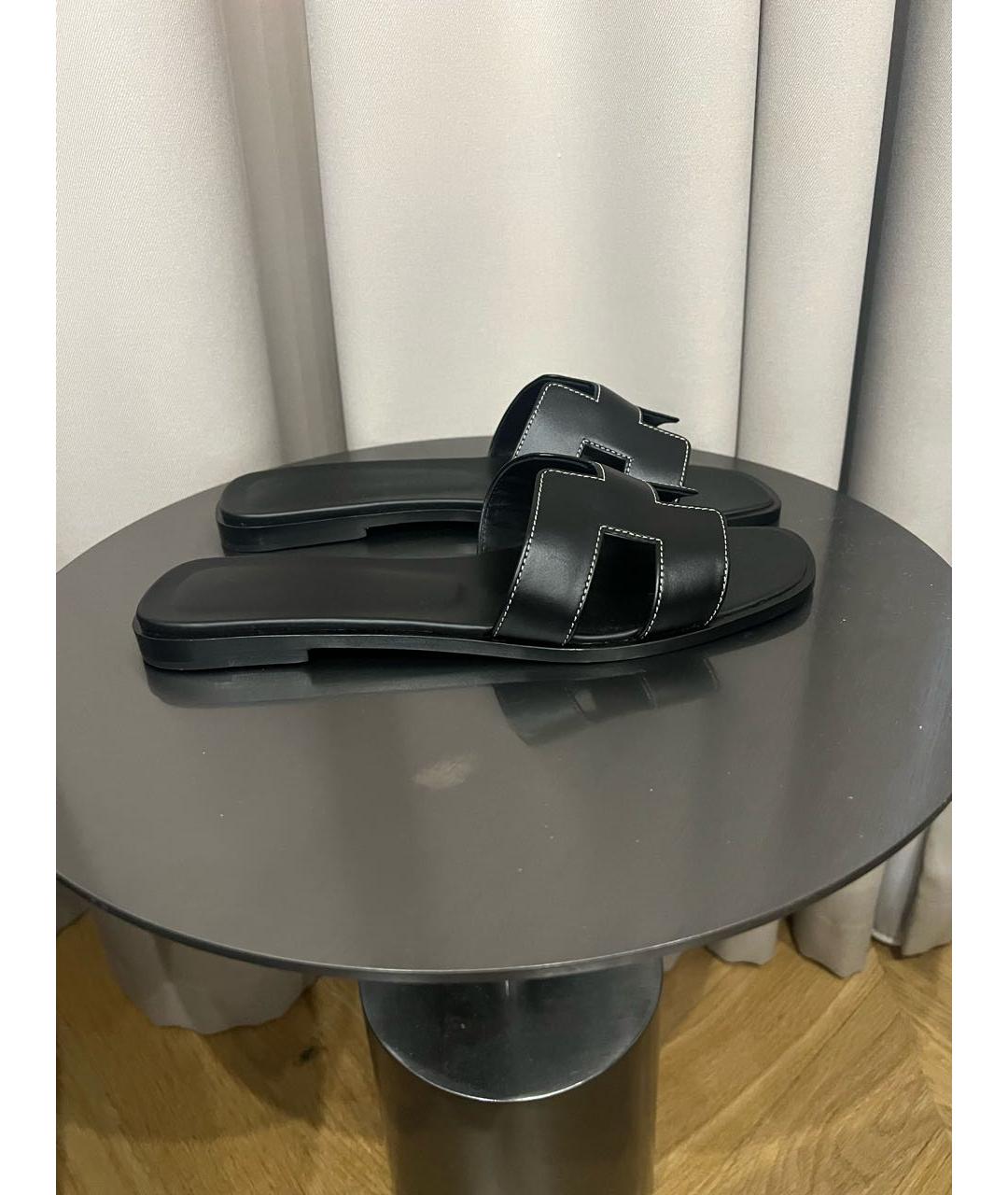 HERMES Черные кожаные шлепанцы, фото 5