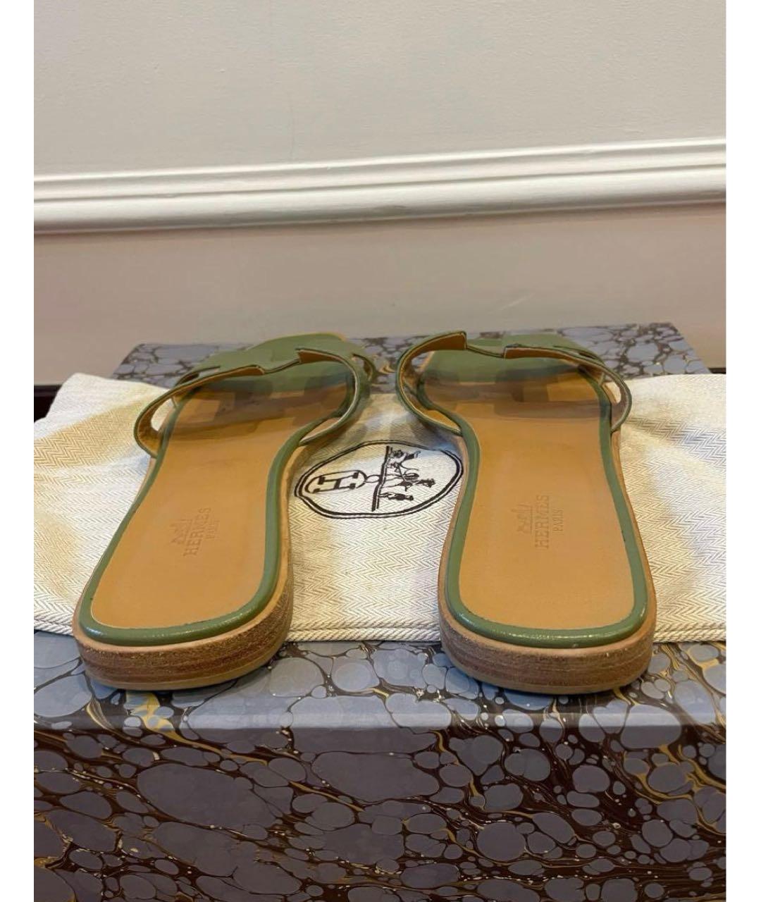 HERMES Зеленые кожаные босоножки, фото 4