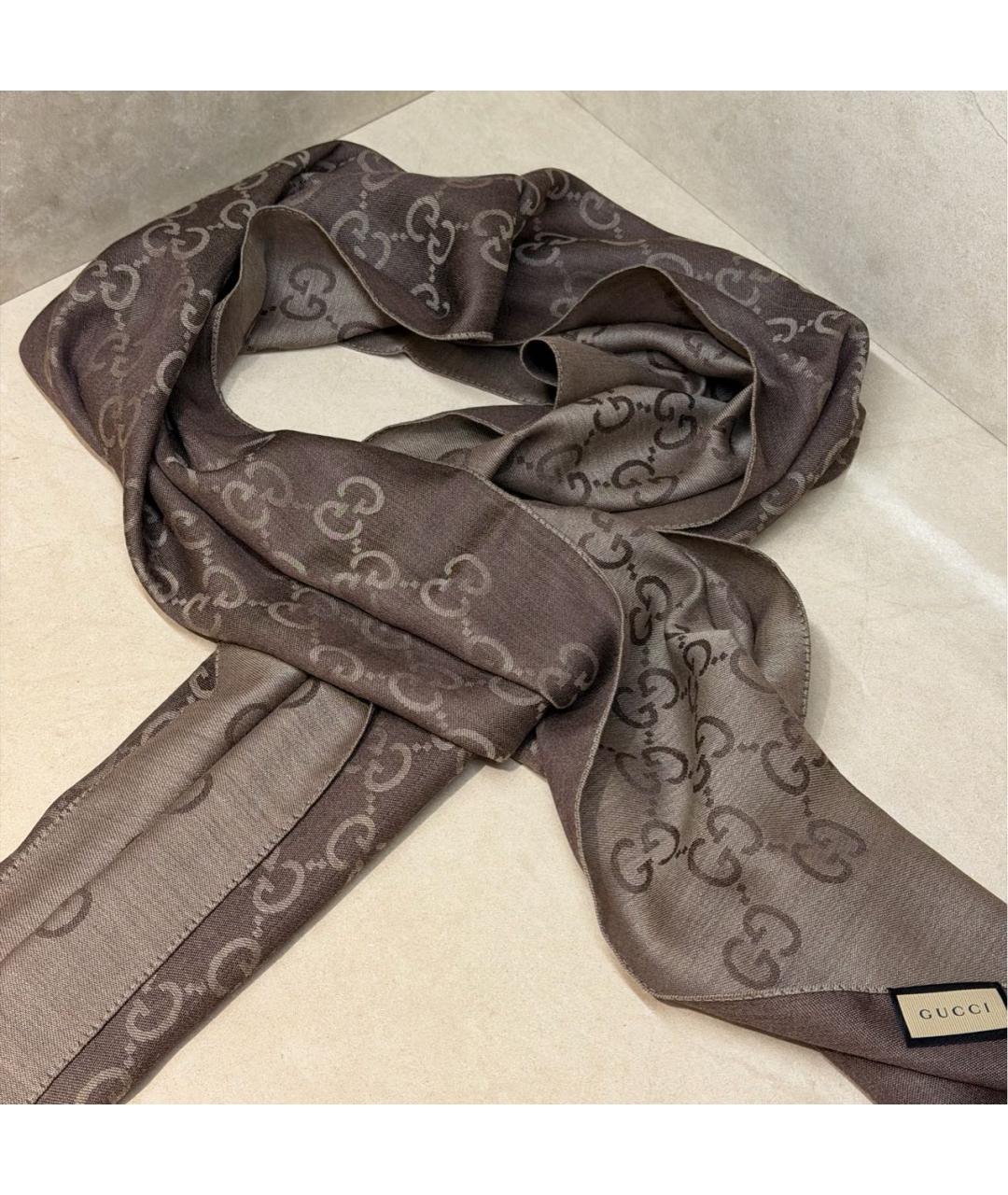 GUCCI Коричневый шерстяной платок, фото 5
