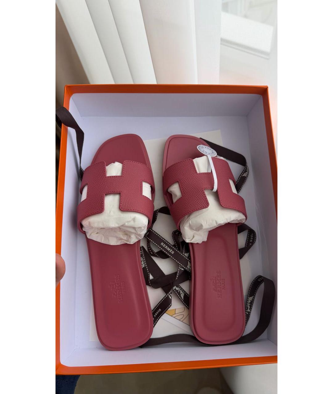 HERMES Розовые кожаные шлепанцы, фото 4