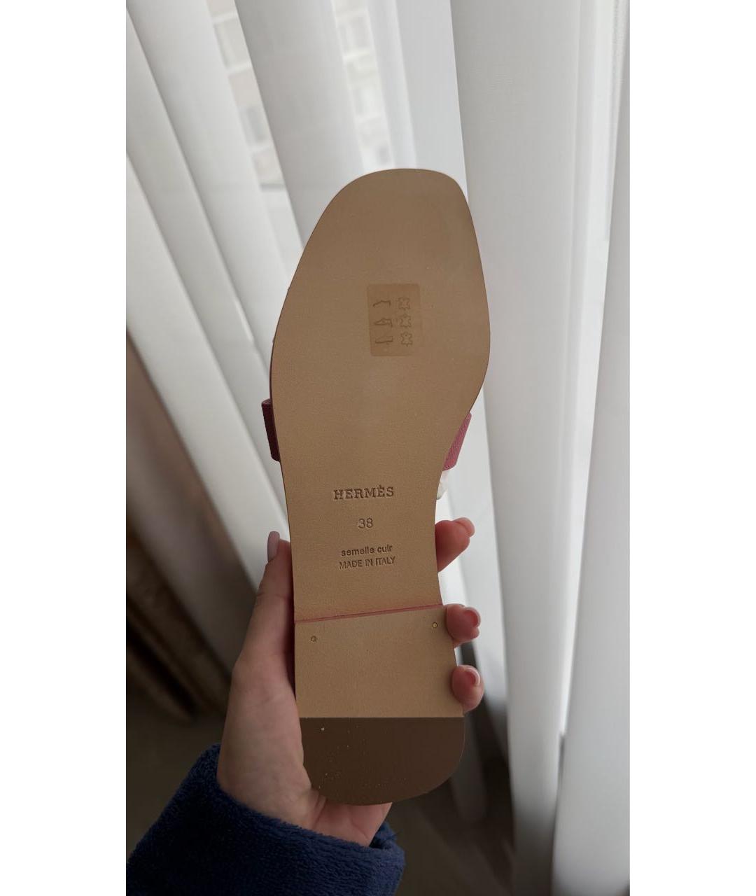 HERMES Розовые кожаные шлепанцы, фото 5