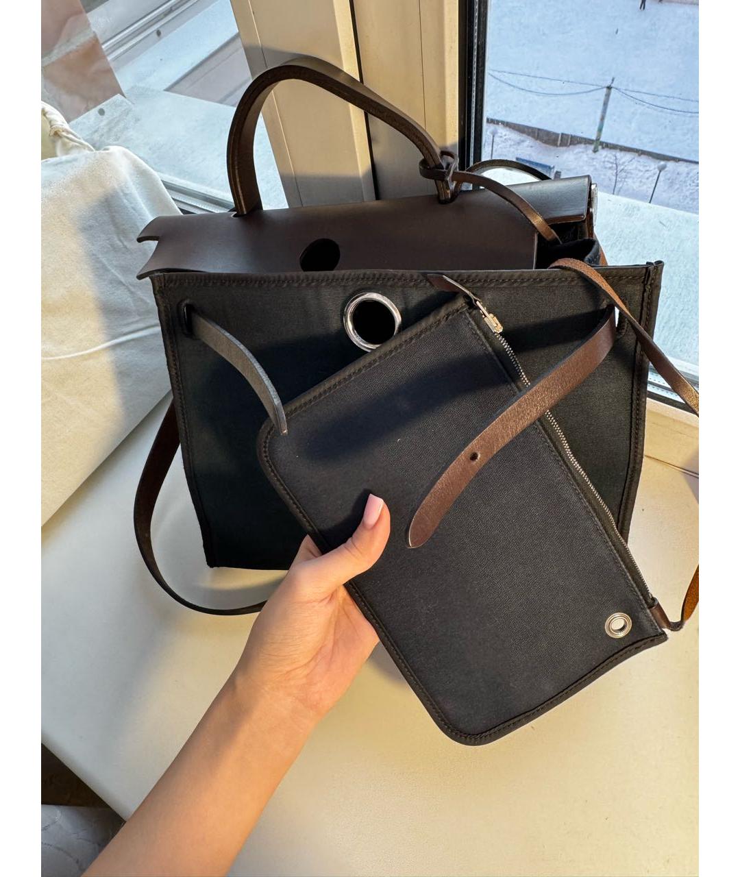 HERMES Темно-синяя тканевая сумка с короткими ручками, фото 4