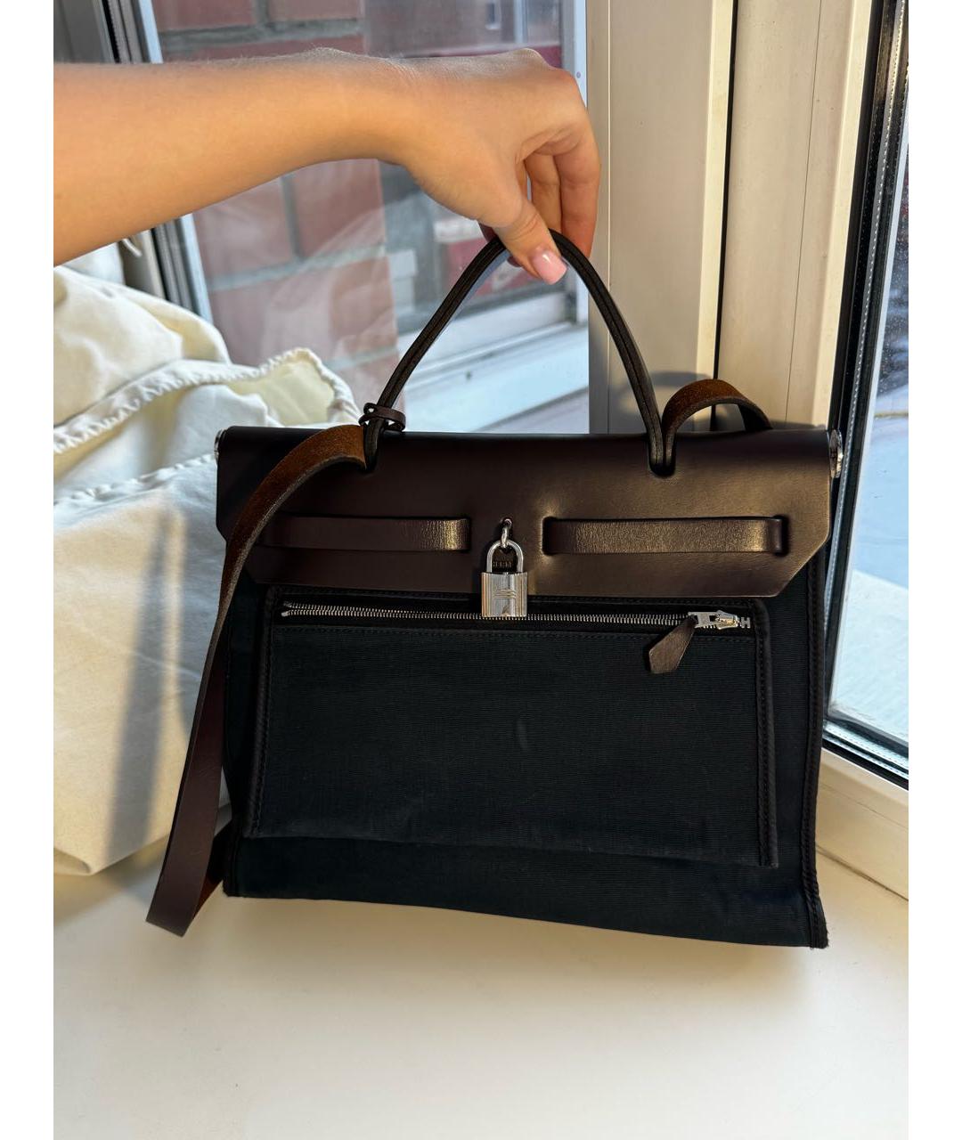 HERMES Темно-синяя тканевая сумка с короткими ручками, фото 3