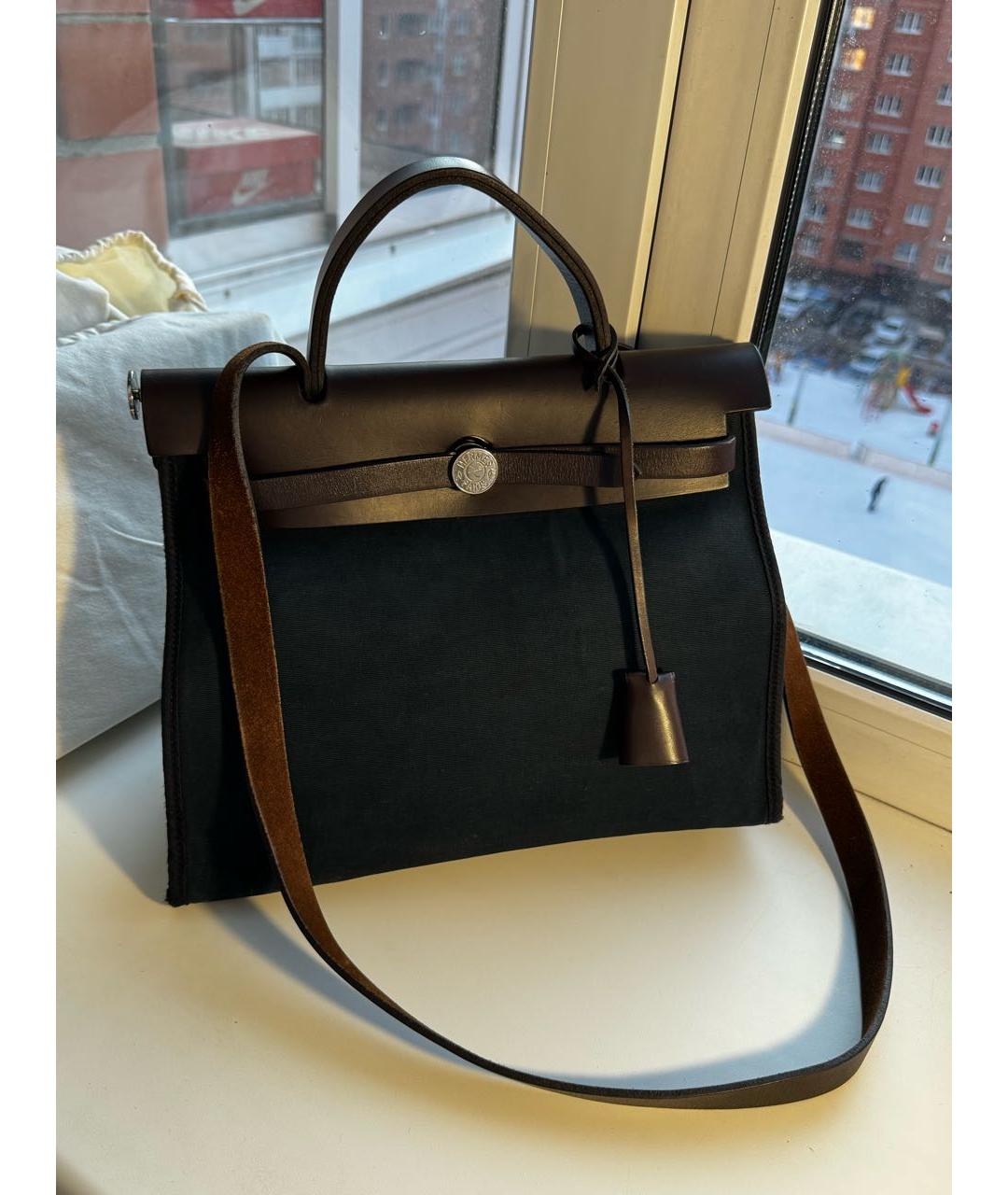 HERMES Темно-синяя тканевая сумка с короткими ручками, фото 2