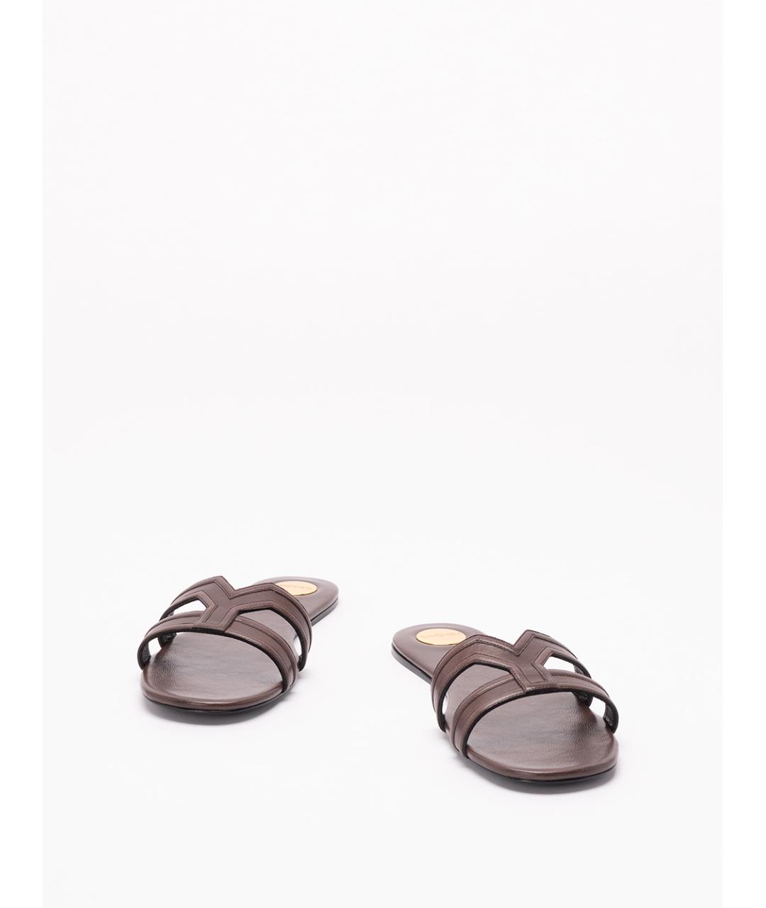 SAINT LAURENT Коричневые кожаные шлепанцы, фото 2