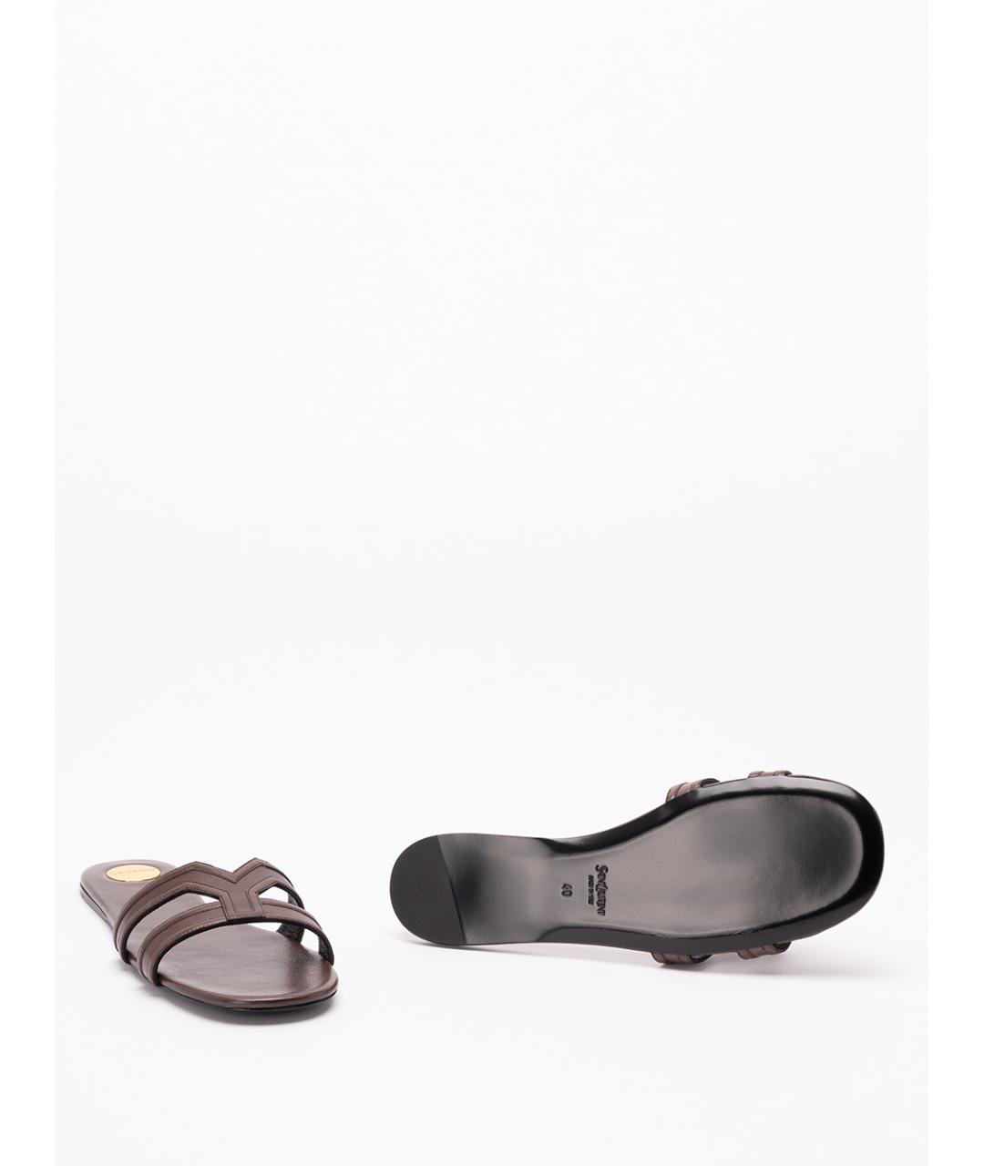 SAINT LAURENT Коричневые кожаные шлепанцы, фото 4