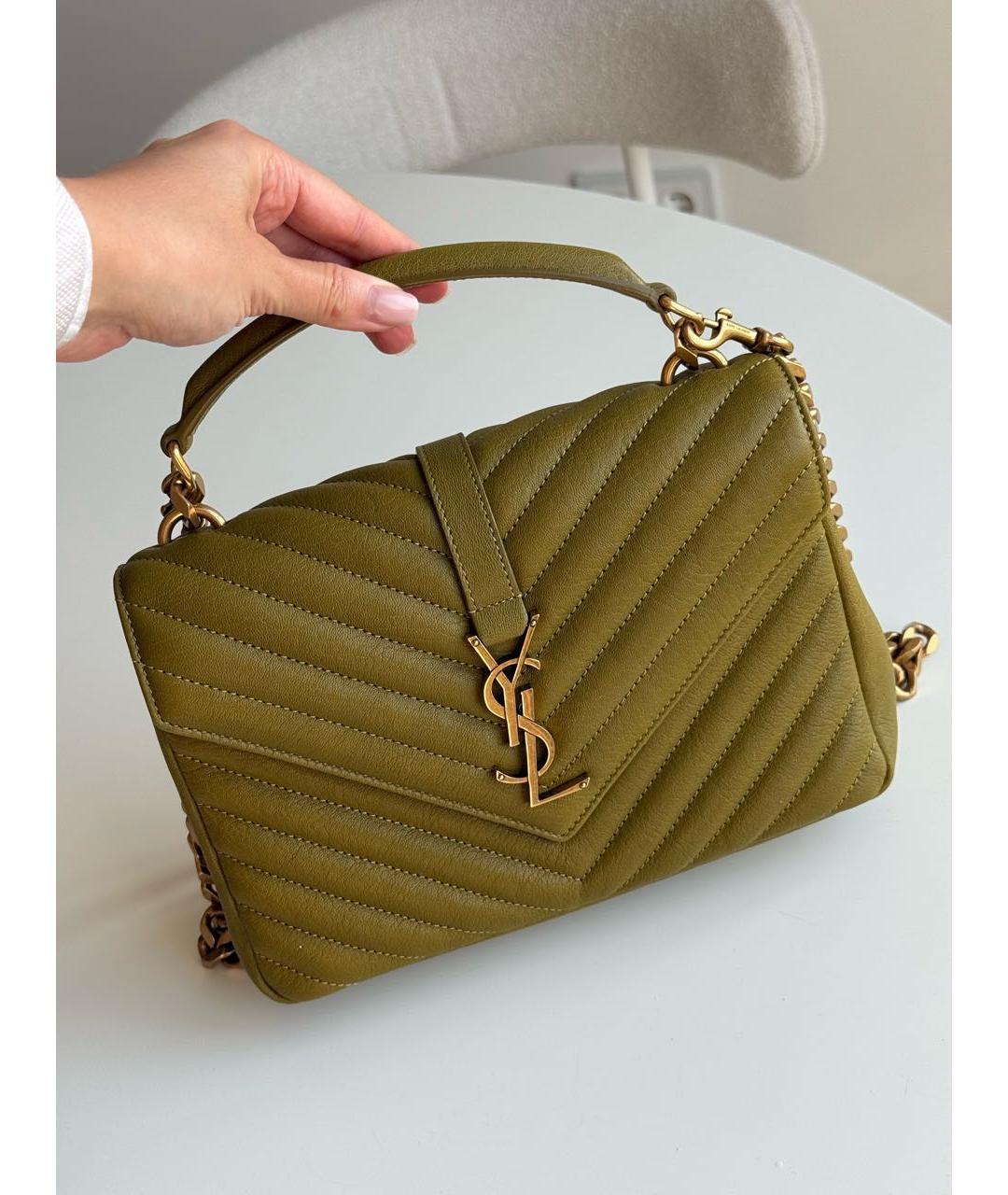 SAINT LAURENT Хаки кожаная сумка с короткими ручками, фото 5