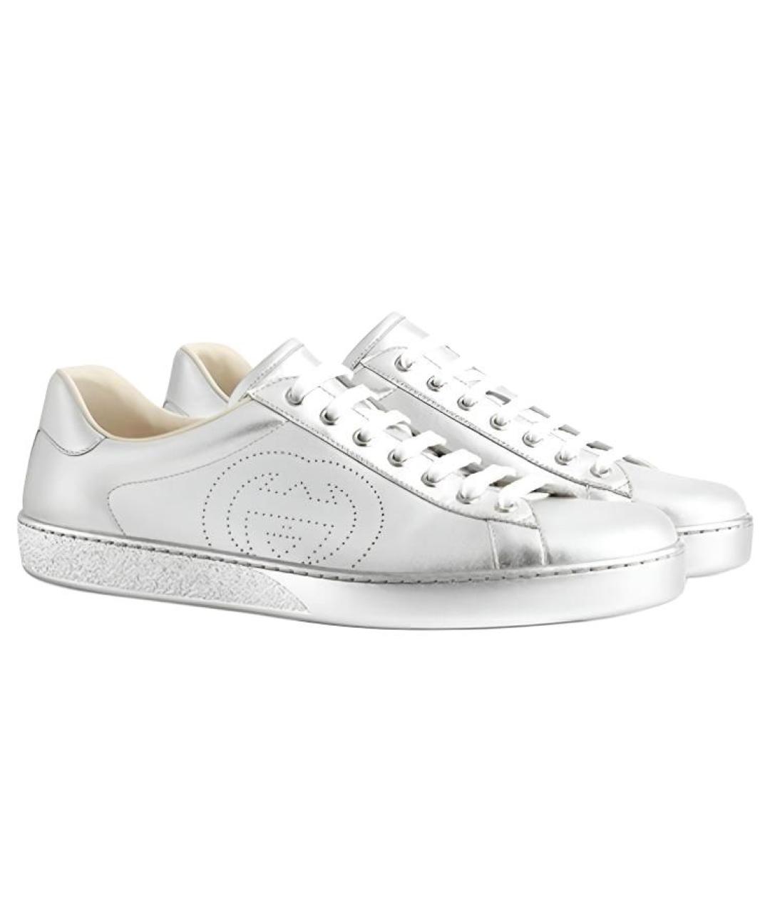 GUCCI Серебряные кожаные низкие кроссовки / кеды, фото 3