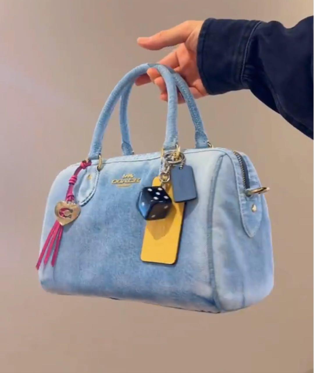 COACH Голубая деним сумка с короткими ручками, фото 7