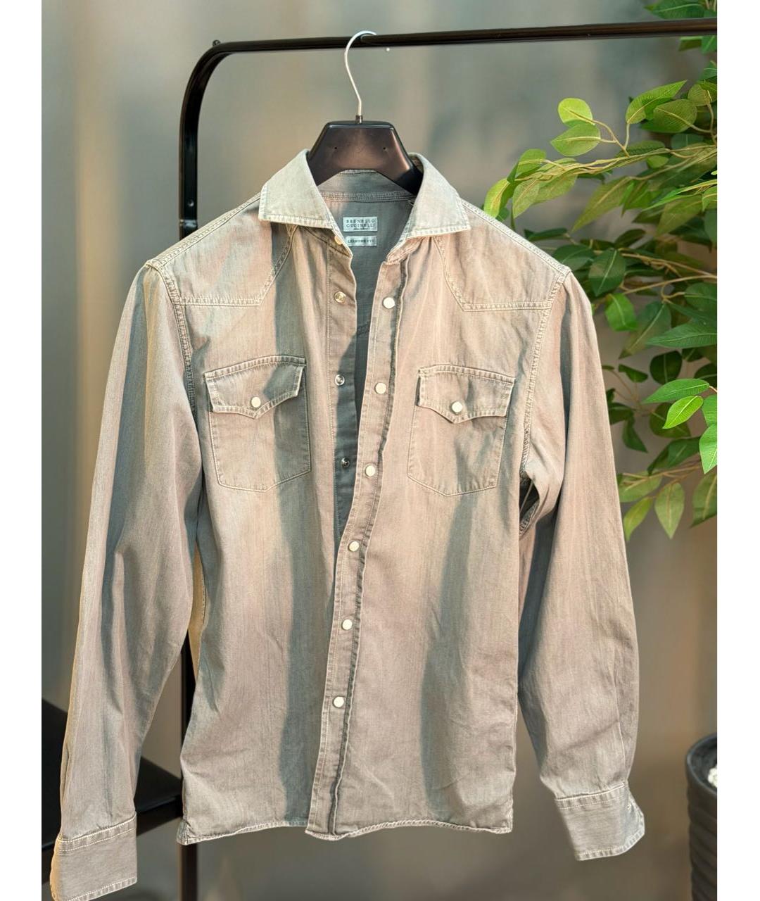 BRUNELLO CUCINELLI Серая хлопковая кэжуал рубашка, фото 7