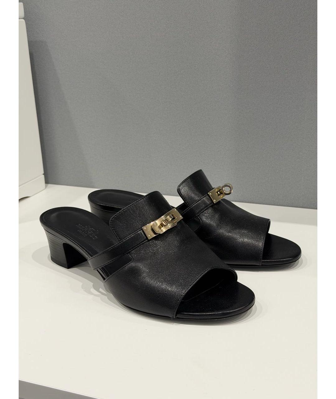 HERMES Черные кожаные мюли, фото 5