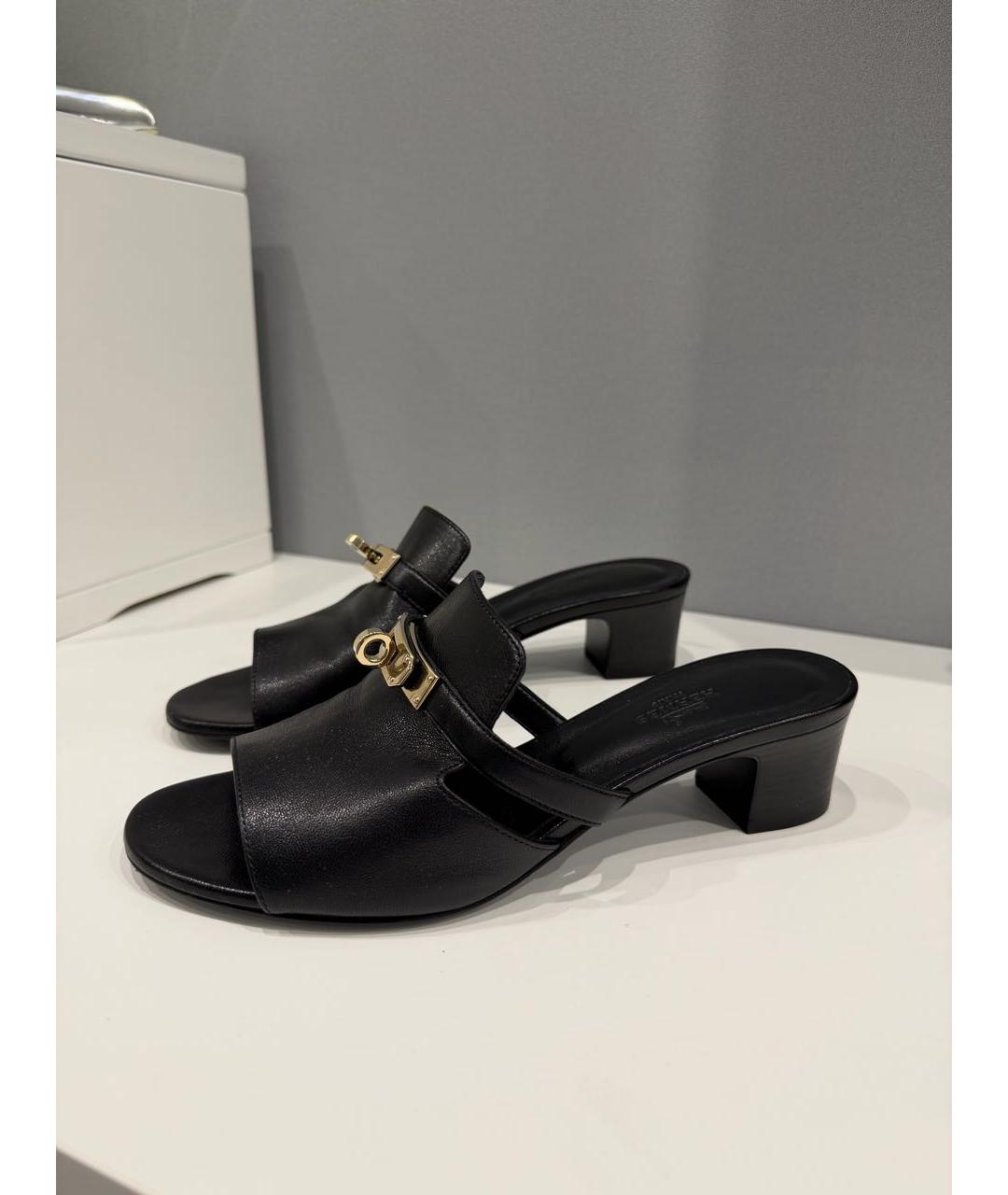 HERMES Черные кожаные мюли, фото 7