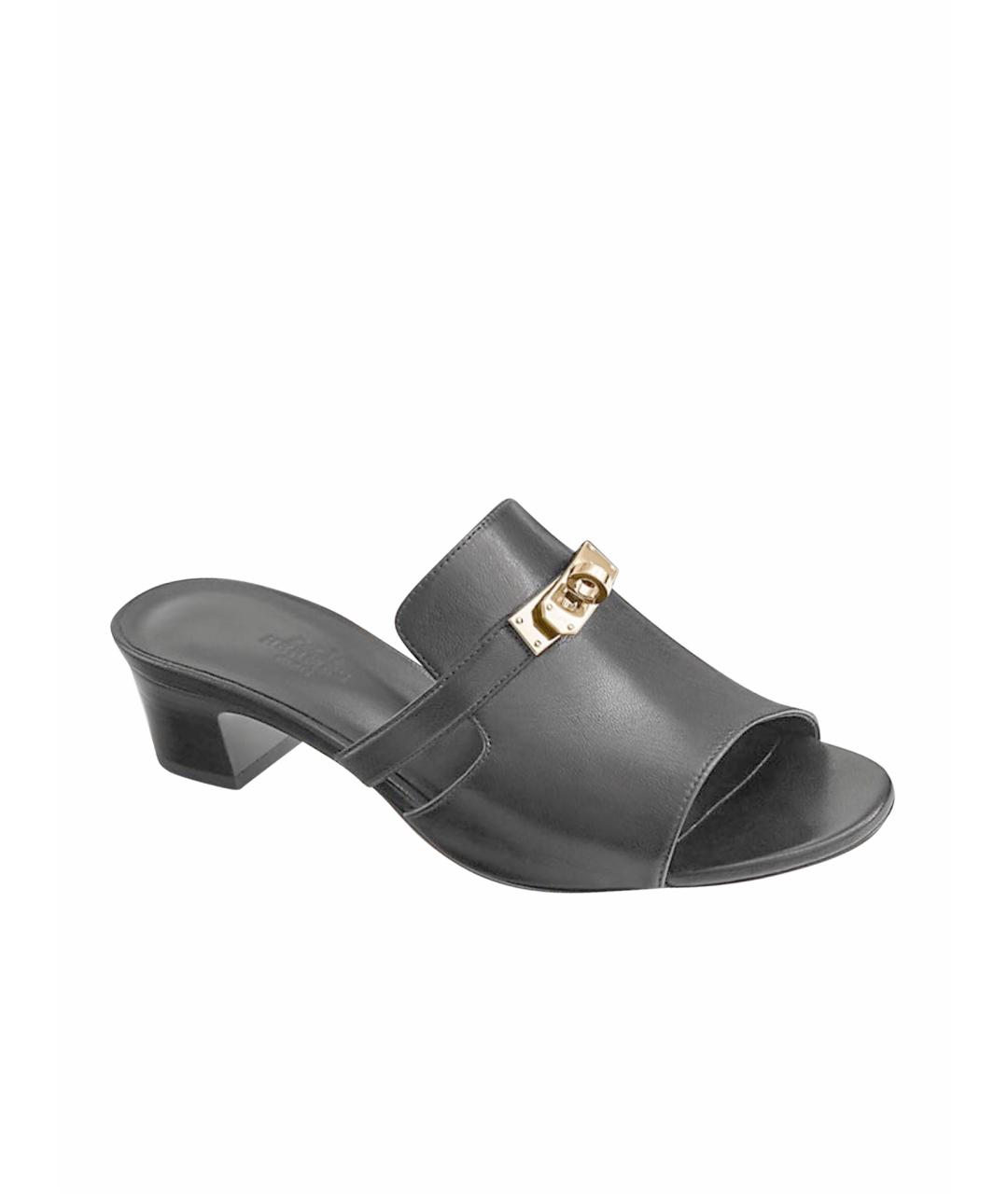 HERMES Черные кожаные мюли, фото 1