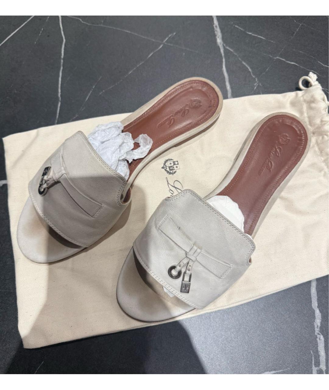 LORO PIANA Бежевые замшевые шлепанцы, фото 4