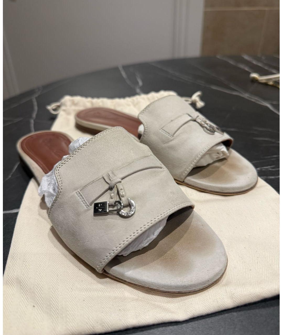 LORO PIANA Бежевые замшевые шлепанцы, фото 3