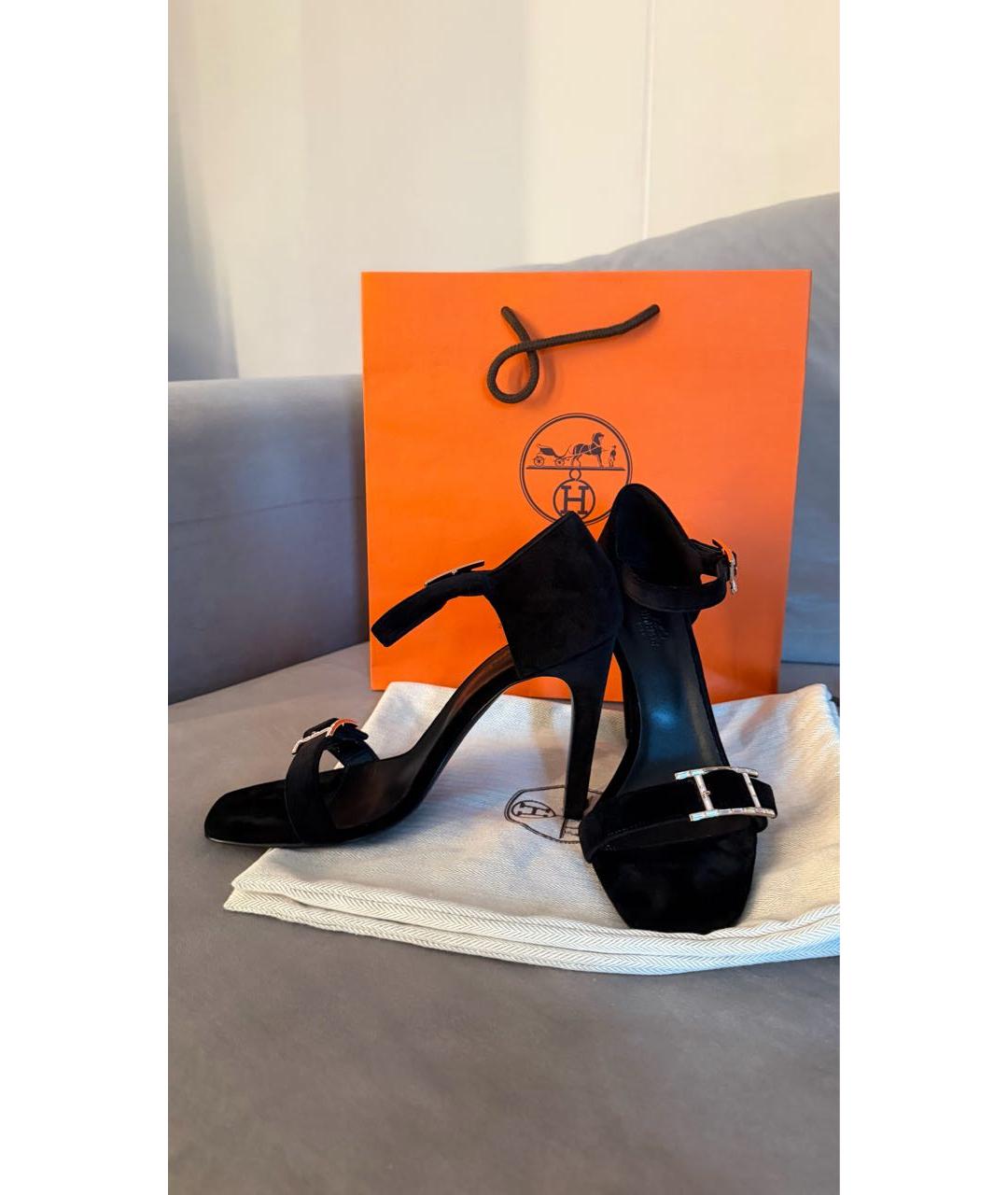 HERMES Черные бархатные босоножки, фото 8