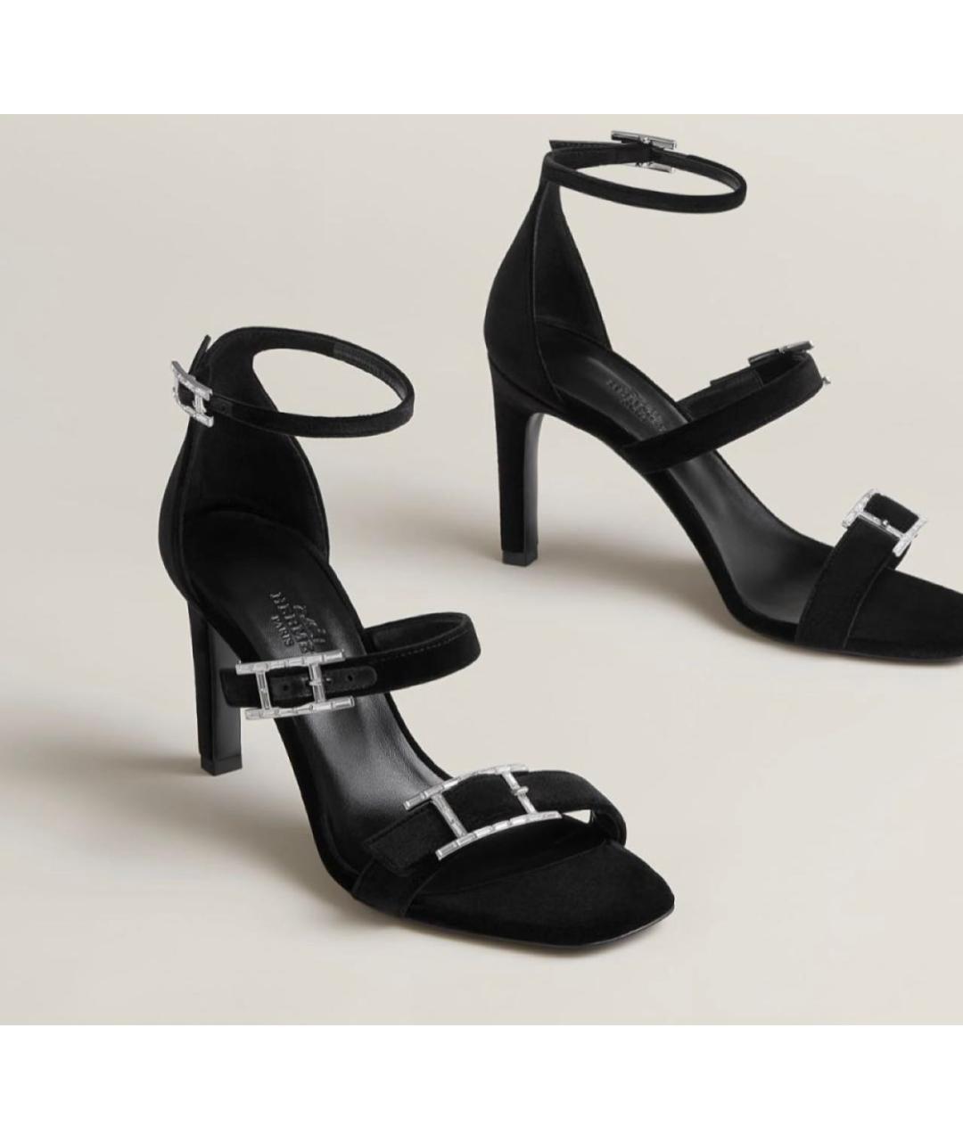 HERMES Черные бархатные босоножки, фото 2