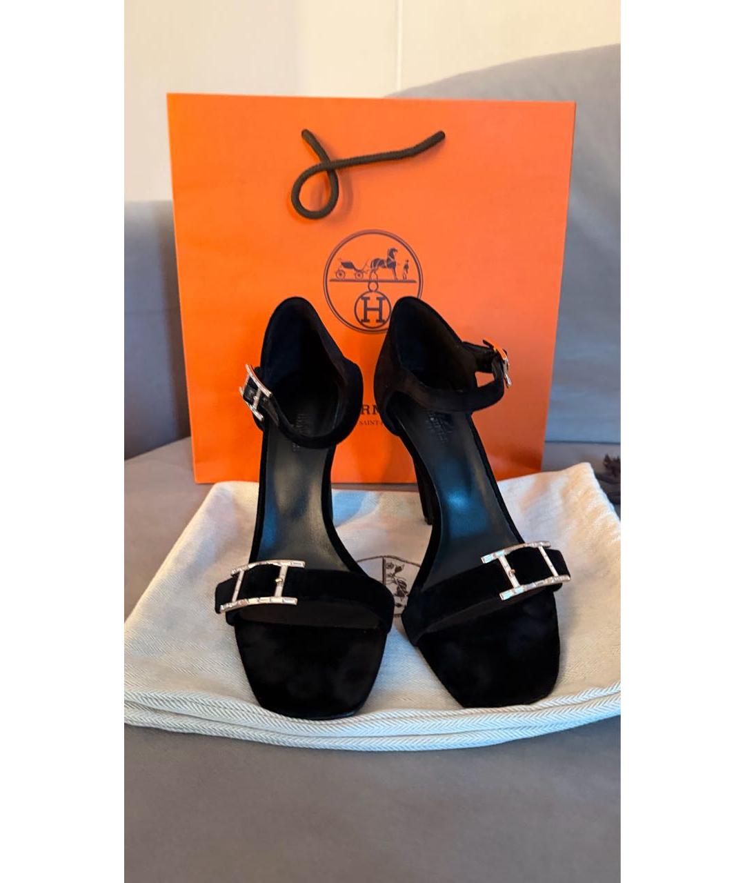 HERMES Черные бархатные босоножки, фото 7