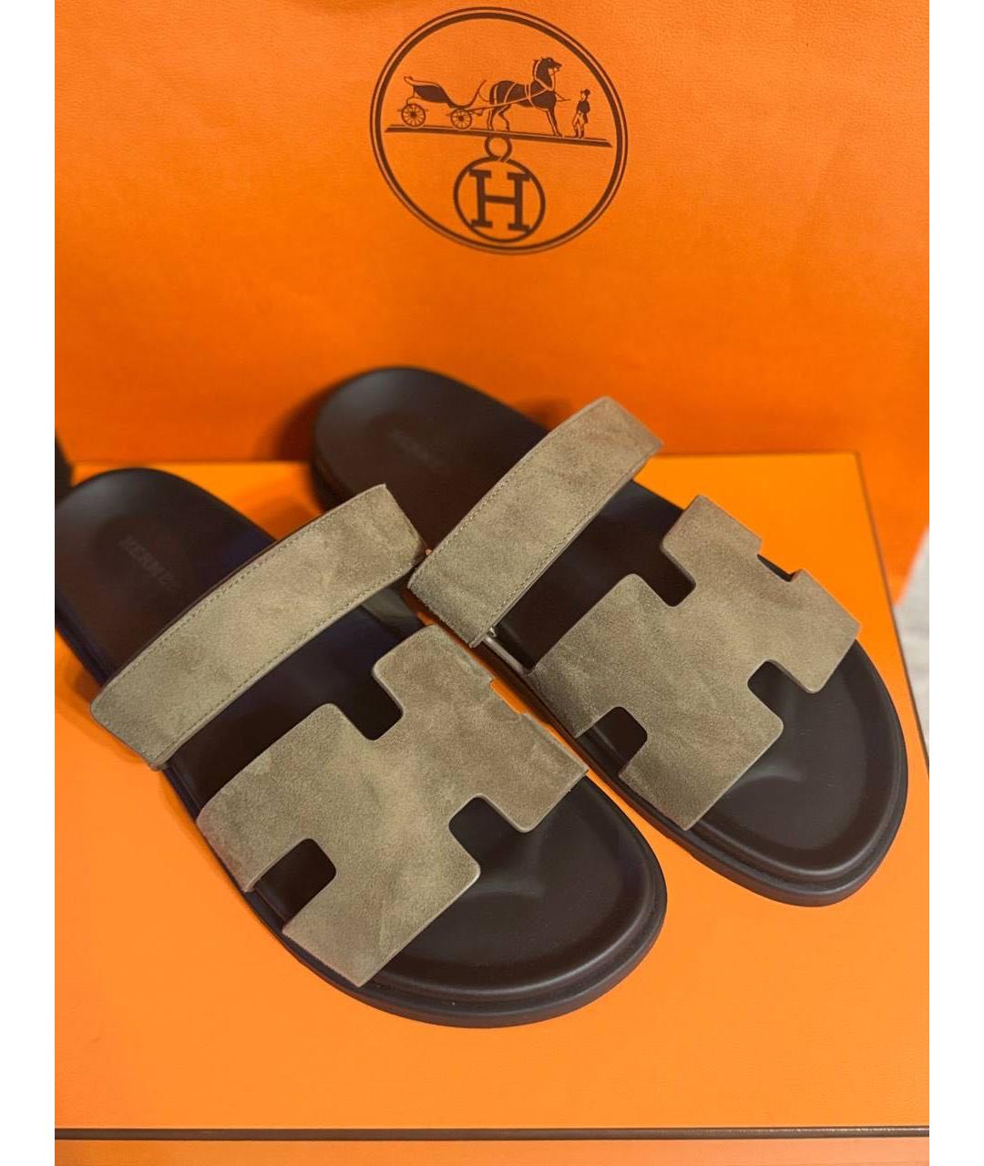 HERMES Хаки замшевые шлепанцы, фото 3