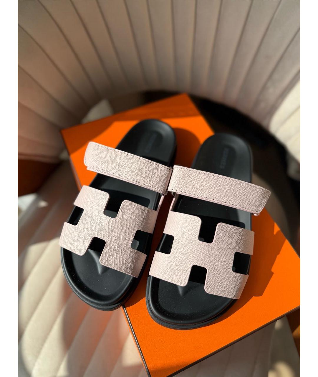 HERMES Розовые кожаные шлепанцы, фото 2